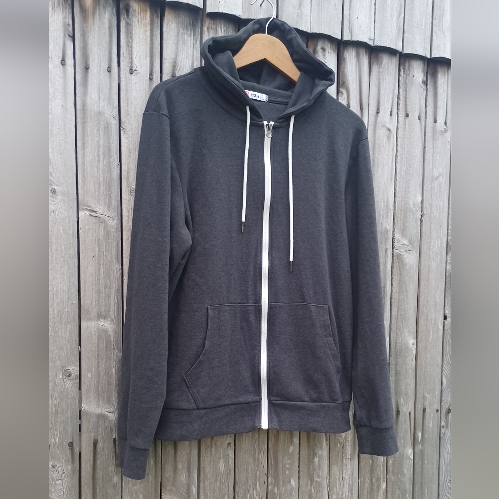 New H2H Mens grey & white indie style zip front hoodie sweatshirt size L